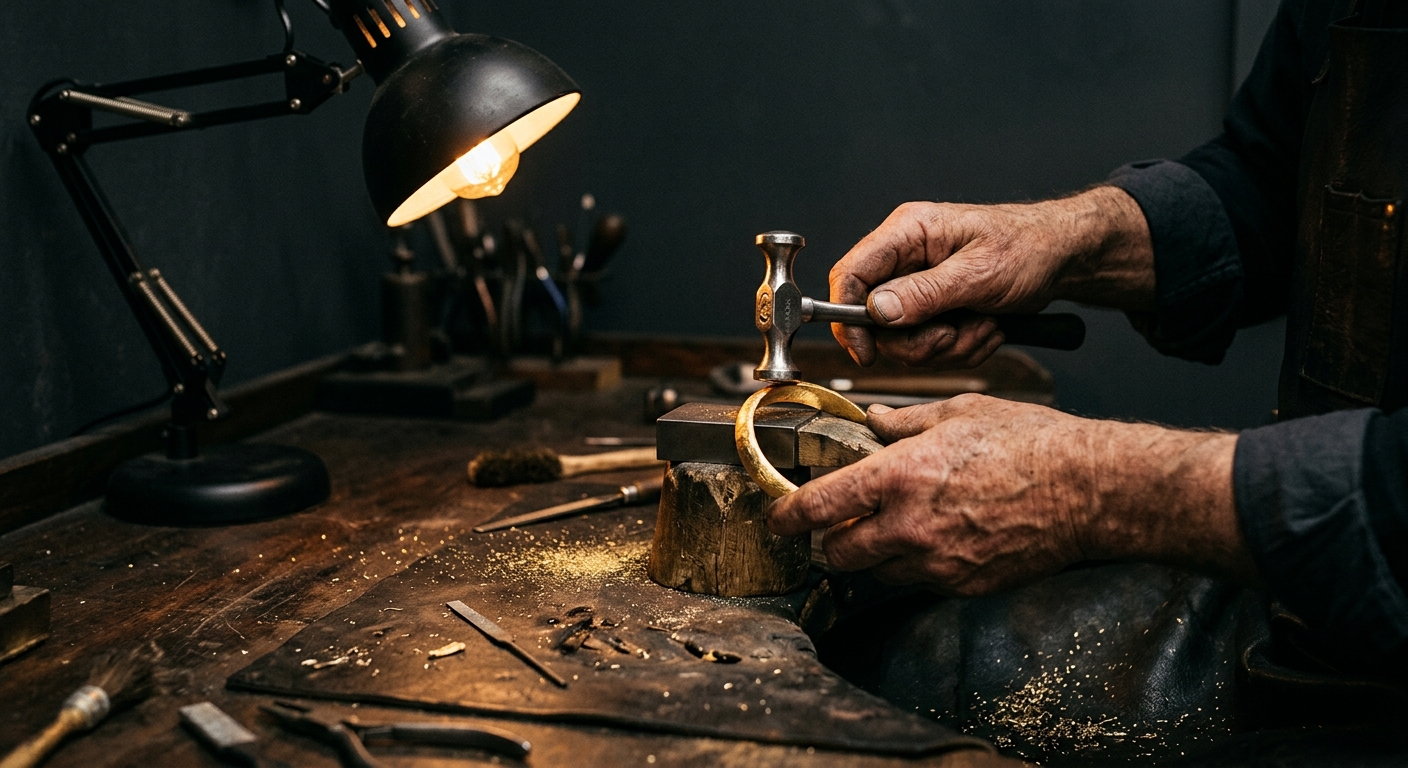 Goldsmith's hands crafting a gold bangle at a workbench — jewellery workmanship at Ramesh Kapoor & Sons, Meerut