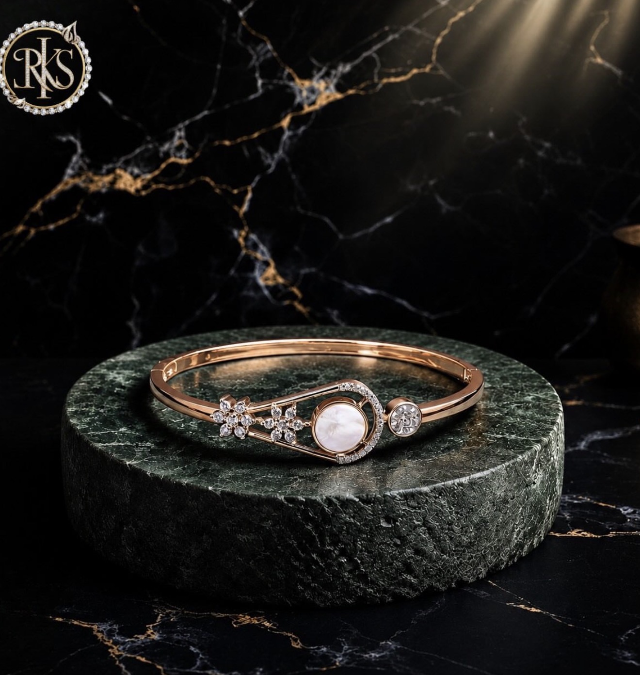 Pearl and diamond-set bangle on stone — Ramesh Kapoor & Sons Jewellers