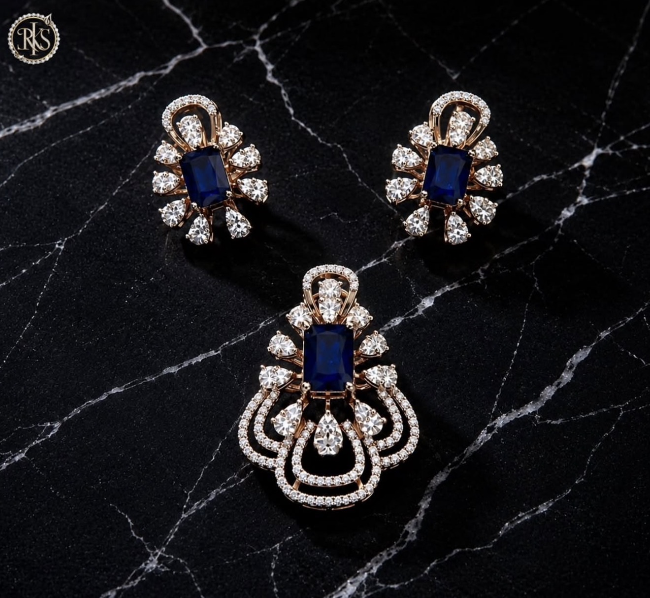 Blue-stone pendant with diamond detailing and matching earrings — Ramesh Kapoor & Sons Jewellers
